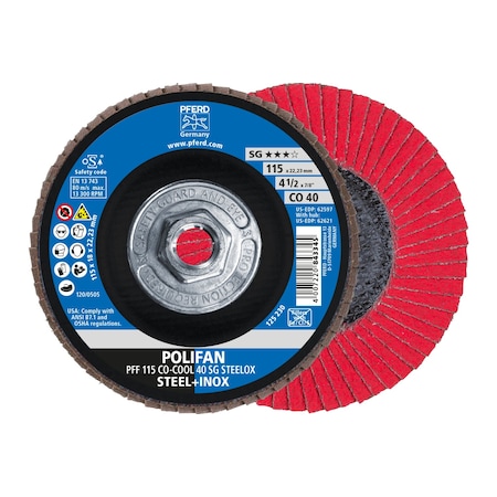 Pferd 4-1/2" x 5/8-11 Thd. POLIFAN Flap Disc - CO-COOL SG STEELOX, Ceramic oxide, 40 Grit, Flat 62621